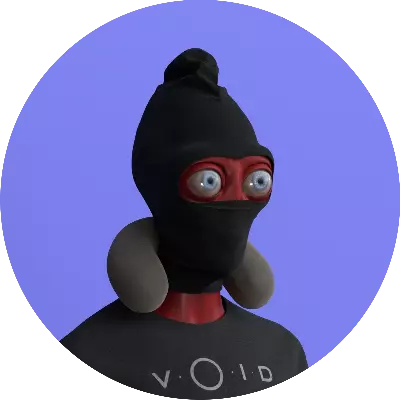 CRVNE's default profile picture. An NFT from the Visitors of Imma Degen collection. An alien with budgundy skin wearing a black balaclava, a black t-shirt with "VOID" written across the chest in grey letters, and a neck pillow resting on his shoulders.